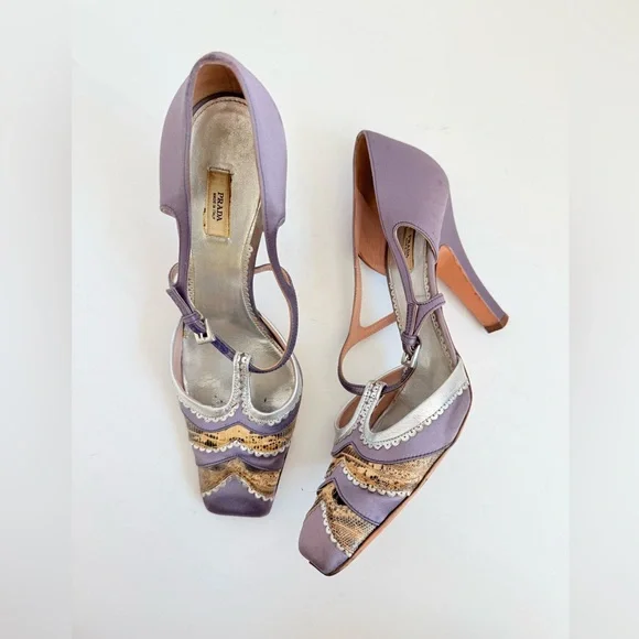 Prada Vintage Lilac Satin Snakeskin Trim Cutout Mary Jane T-Strap Heels EU38 - Picture 2 of 11